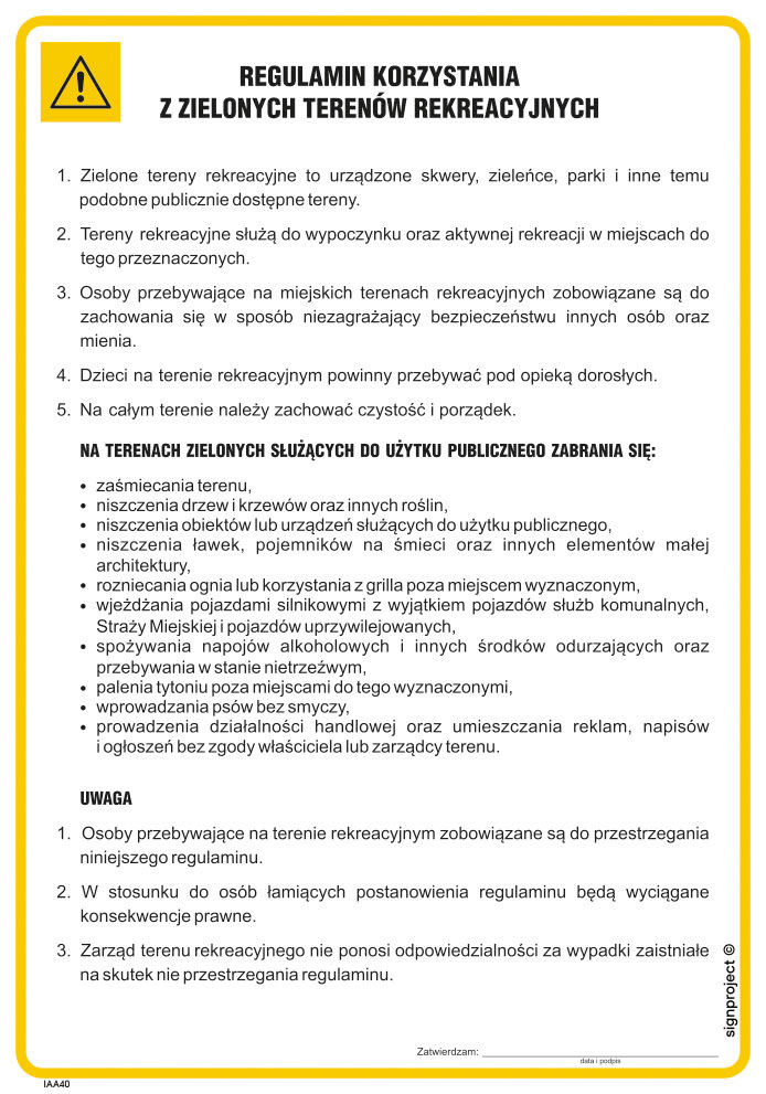 IAA40 REGULAMIN KORZYSTANIA Z ZIELONYCH TERENÓW REKREACYJNYCH, HN - PŁYTA ELASTYCZNA 0,4MM; (245X350MM)