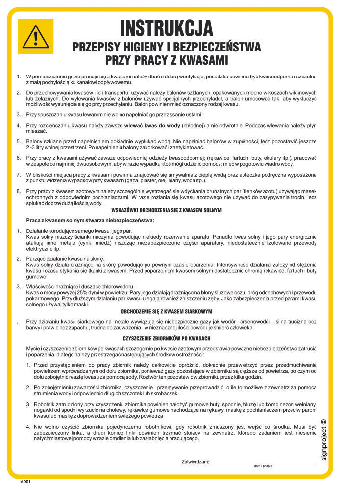IAD01 INSTRUKCJA - PRZEPISY BHP PRZY PRACY Z KWASAMI, PN - PŁYTA PCV 1MM; (245X350MM)
