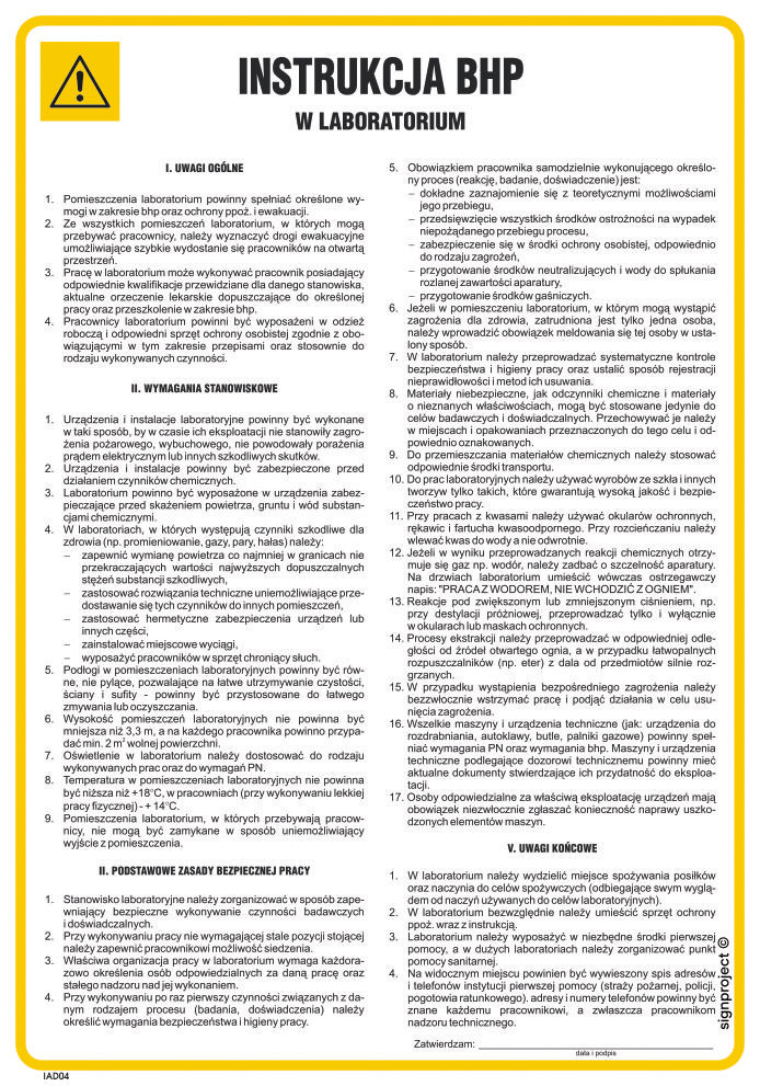 IAD04 INSTRUKCJA OGÓLNA BHP W LABORATORIUM, FN - FOLIA SAMOPRZYLEPNA; (245X350MM)