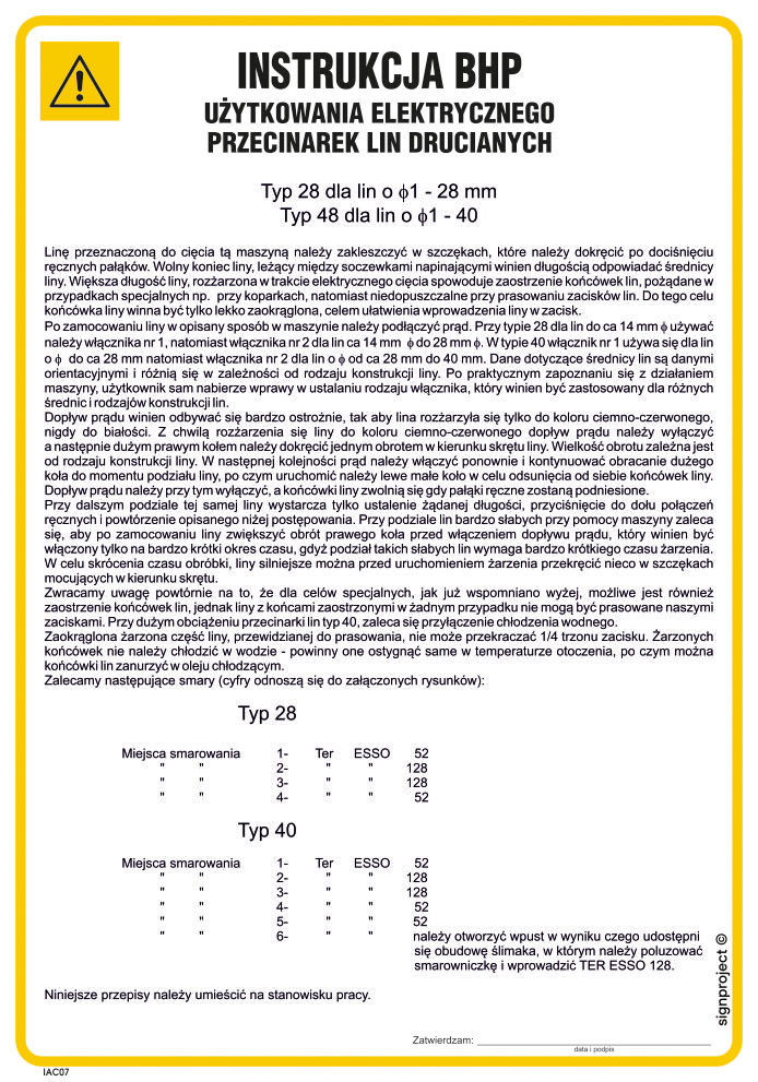 IAC07 INSTRUKCJA BHP UŻYTKOWANIA ELEKTRYCZNEGO PRZECINAREK LIN DRUCIANYCH, FN - FOLIA SAMOPRZYLEPNA; (245X350MM)