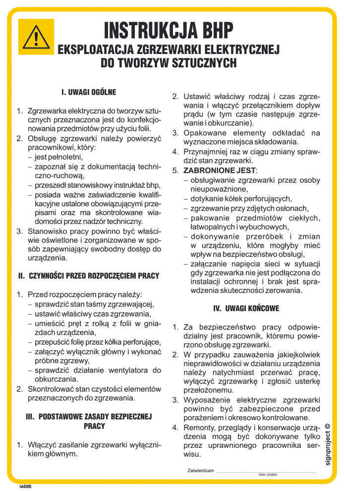 IAD05 INSTRUKCJA EKSPLOATACJI ZGRZEWARKI ELEKTRYCZNEJ DO TWORZYW SZTUCZNYCH, FN - FOLIA SAMOPRZYLEPNA; (245X350MM)
