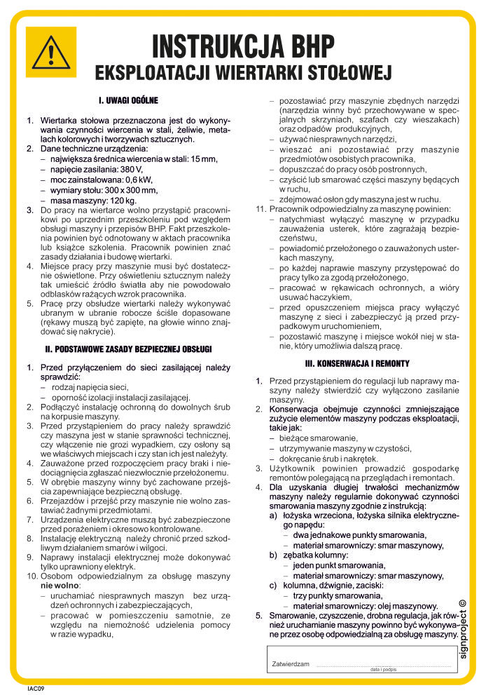 IAC09 INSTRUKCJA BHP EKSPLOATACJI WIERTARKI STOŁOWEJ, HN - PŁYTA ELASTYCZNA 0,4MM; (245X350MM)