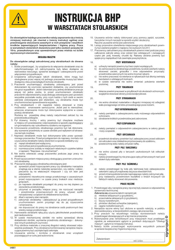 IAB01 INSTRUKCJA BHP W WARSZTATACH STOLARSKICH, HN - PŁYTA ELASTYCZNA 0,4MM; (245X350MM)