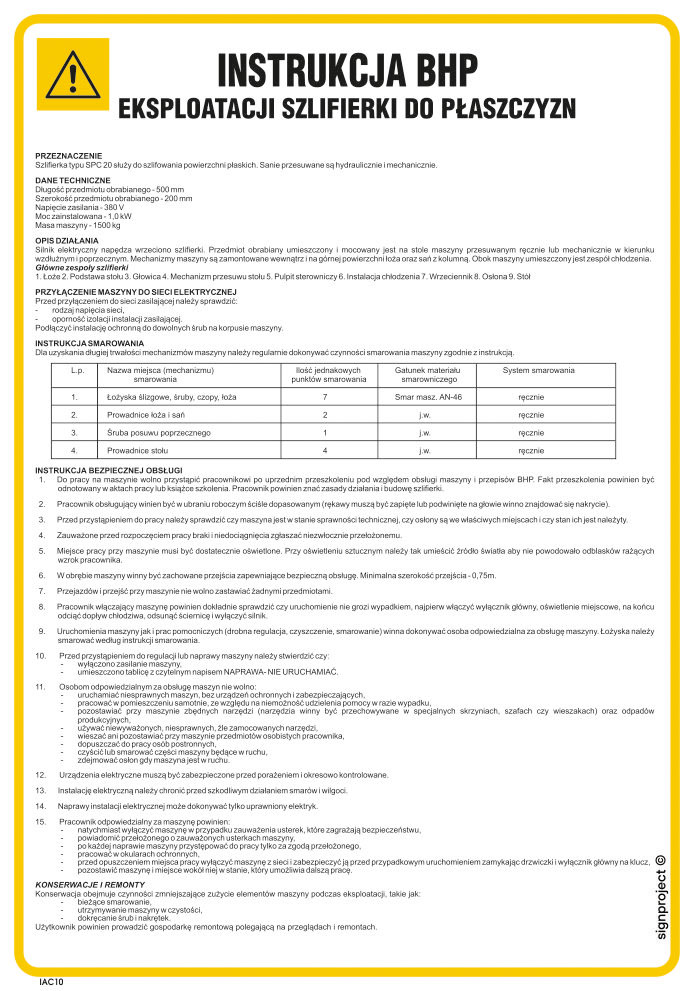 IAC10 INSTRUKCJA BHP EKSPLOATACJI SZLIFIERKI DO PŁASZCZYZN, PN - PŁYTA PCV 1MM; (245X350MM)
