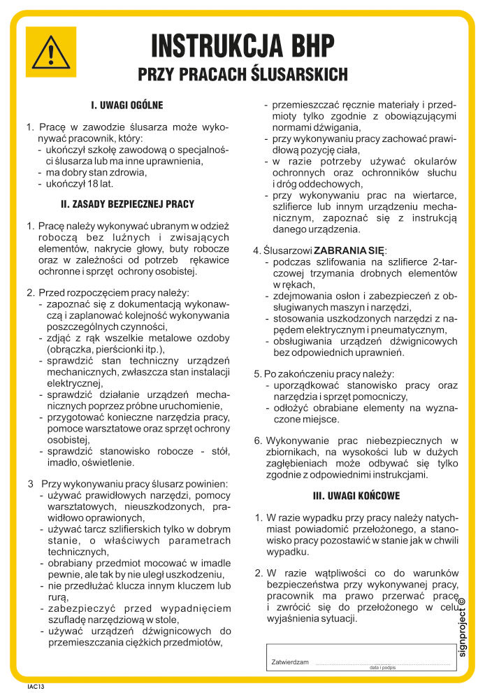 IAC13 INSTRUKCJA BHP PRZY PRACACH ŚLUSARSKICH, PN - PŁYTA PCV 1MM; (245X350MM)