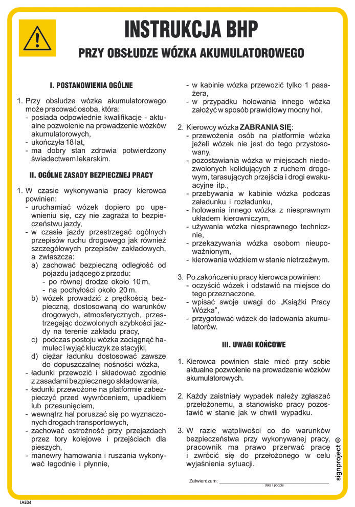 IAE04 INSTRUKCJA BHP PRZY OBSŁUDZE WÓZKA AKUMULATOROWEGO, HN - PŁYTA ELASTYCZNA 0,4MM; (245X350MM)