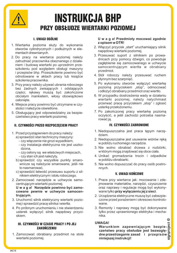 IAC15 INSTRUKCJA BHP PRZY OBSŁUDZE WIERTARKI POZIOMEJ, PN - PŁYTA PCV 1MM; (245X350MM)