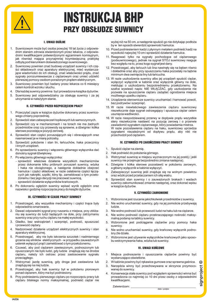 IAE06 INSTRUKCJA BHP PRZY OBSŁUDZE SUWNICY, FN - FOLIA SAMOPRZYLEPNA; (245X350MM)