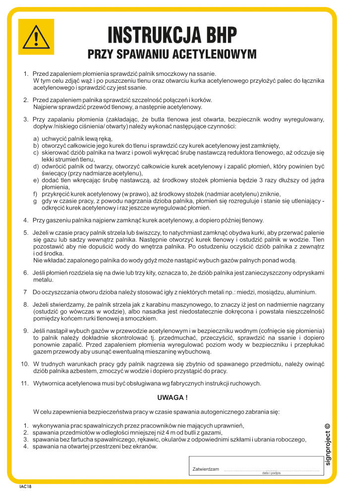 IAC18 INSTRUKCJA BHP PRZY SPAWANIU ACETYLENOWYM, FN - FOLIA SAMOPRZYLEPNA; (245X350MM)
