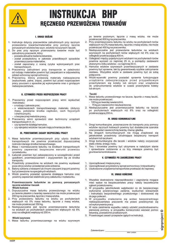 IAE09 INSTRUKCJA BHP RĘCZNEGO PRZEWOŻENIA TOWARÓW, FN - FOLIA SAMOPRZYLEPNA; (245X350MM)