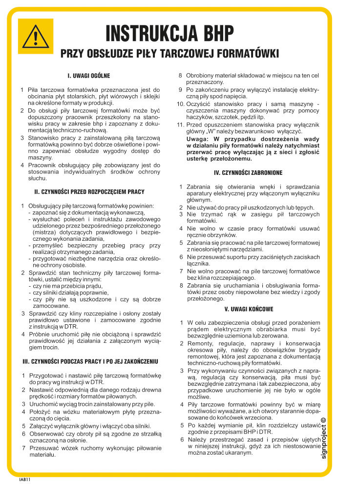 IAB11 INSTRUKCJA BHP PRZY OBSŁUDZE PIŁY TARCZOWEJ FORMATÓWKI, HN - PŁYTA ELASTYCZNA 0,4MM; (245X350MM)