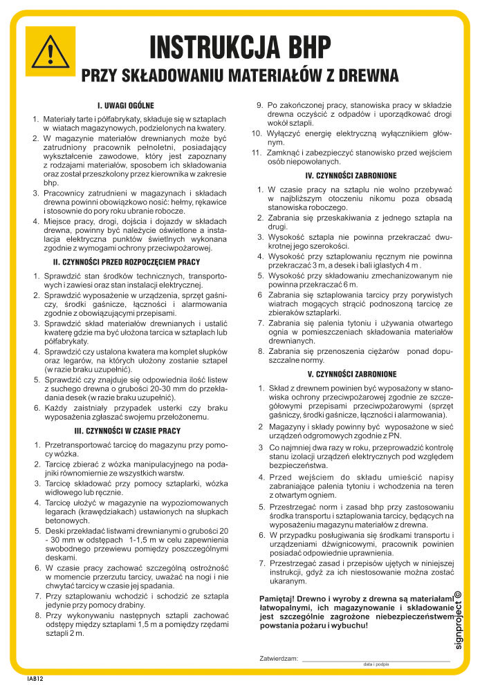 IAB12 INSTRUKCJA BHP PRZY SKŁADOWANIU MATERIAŁÓW Z DREWNA, PN - PŁYTA PCV 1MM; (245X350MM)
