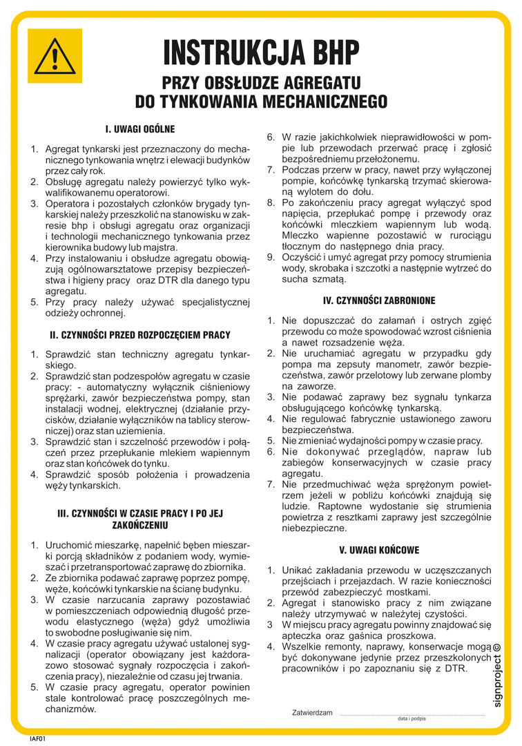 IAF01 INSTRUKCJA BHP PRZY TYNKOWANIU MECHANICZNYM I OBSŁUDZE AGREGATU TYNKARSKIEGO, PN - PŁYTA PCV 1MM; (245X350MM)