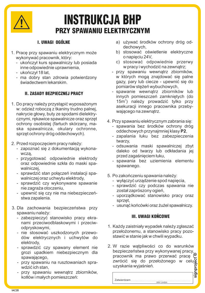 IAC20 INSTRUKCJA BHP PRZY SPAWANIU ELEKTRYCZNYM, FN - FOLIA SAMOPRZYLEPNA; (245X350MM)