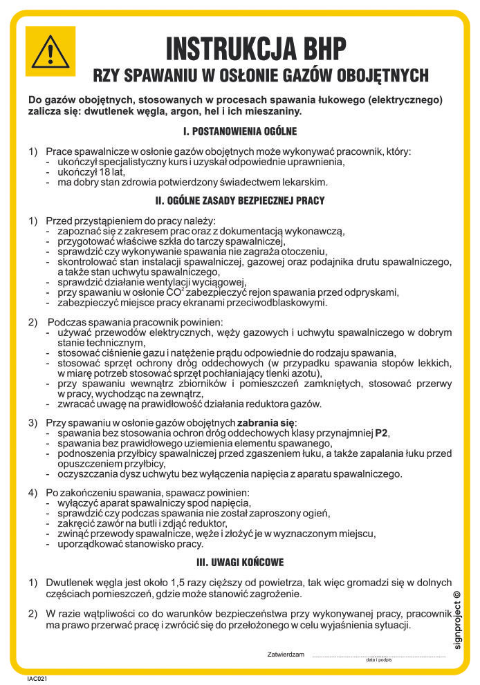 IAC21 INSTRUKCJA BHP PRZY SPAWANIU W OSŁONIE GAZÓW OBOJĘTNYCH, FN - FOLIA SAMOPRZYLEPNA; (245X350MM)