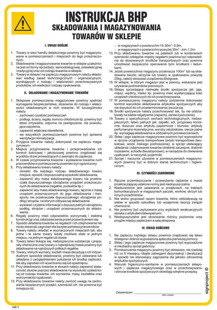 IAE11 INSTRUKCJA BHP SKŁADOWANIA I TRANSPORTOWANIA BUTLI TLENOWYCH I ACETYLENOWYCH, FN - FOLIA SAMOPRZYLEPNA; (245X350MM)