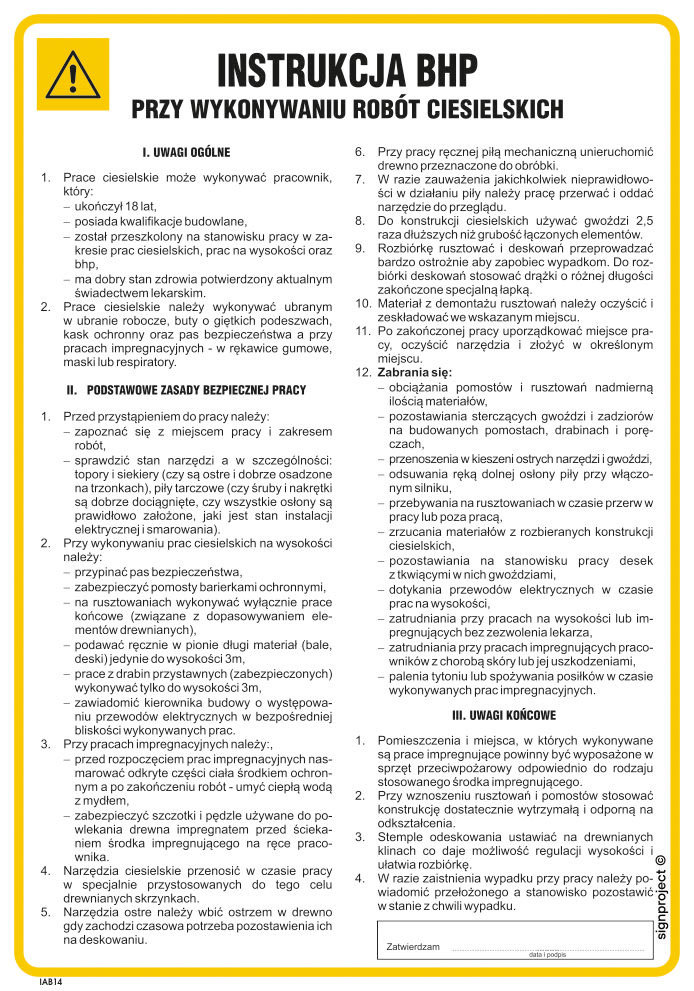 IAB14 INSTRUKCJA BHP PRZY WYKONYWANIU ROBÓT CIESIELSKICH, PN - PŁYTA PCV 1MM; (245X350MM)