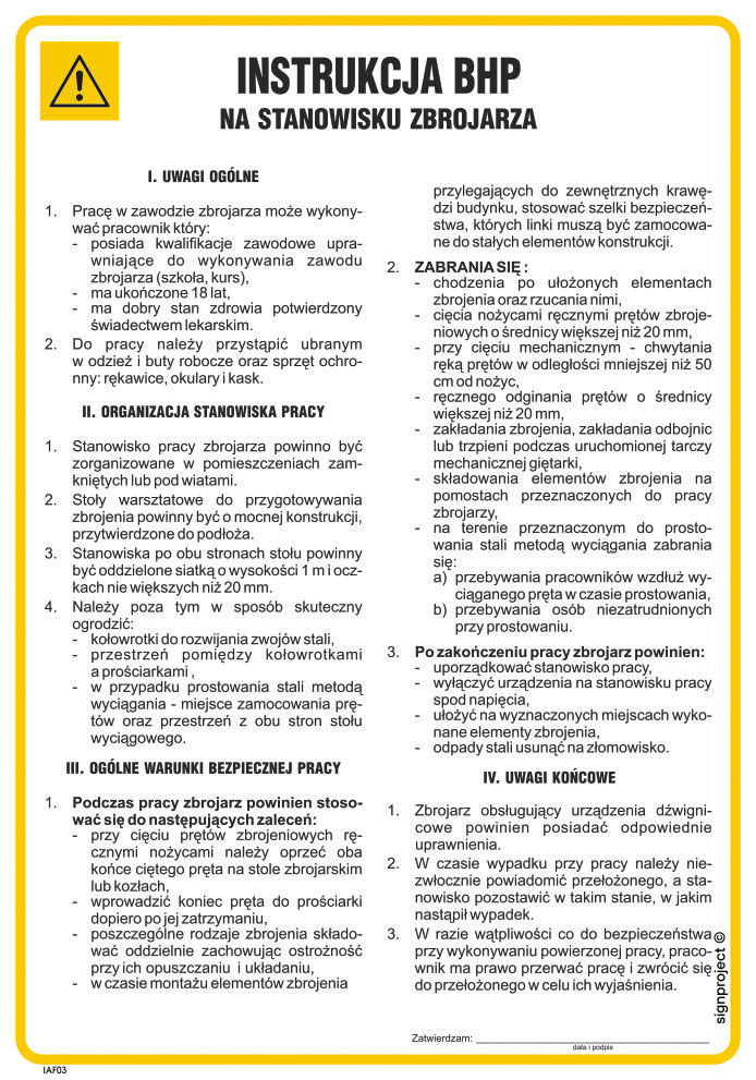 IAF03 INSTRUKCJA BHP NA STANOWISKU ZBROJARZA, FN - FOLIA SAMOPRZYLEPNA; (245X350MM)
