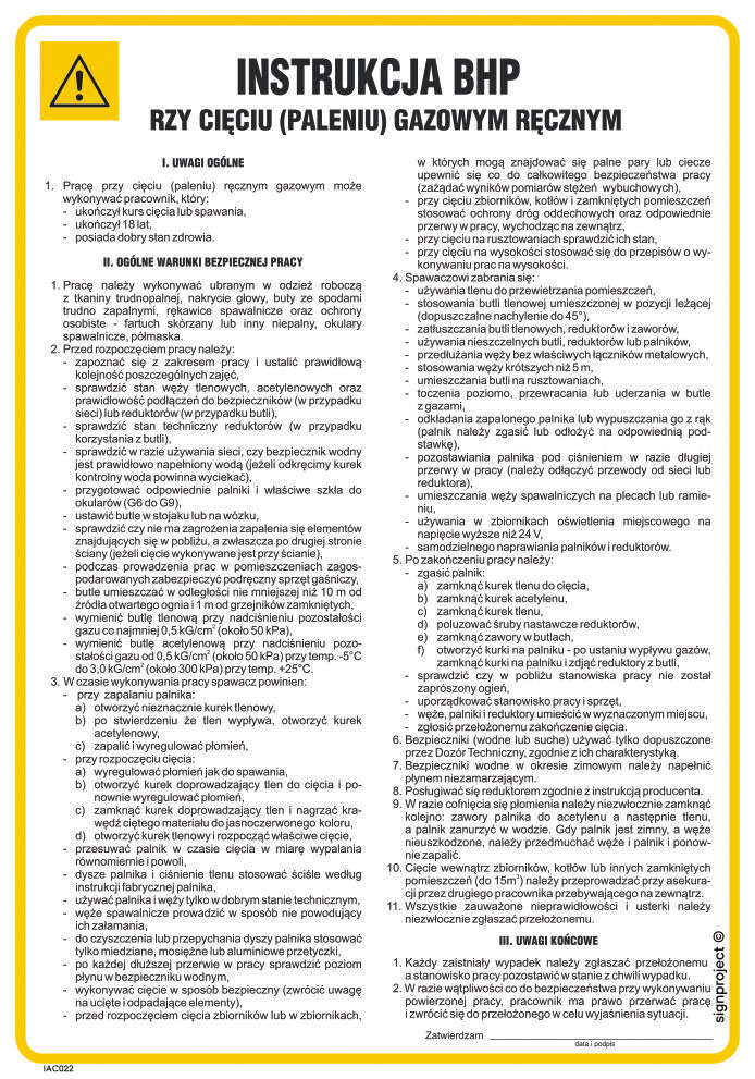 IAC22 INSTRUKCJA BHP PRZY CIĘCIU (PALENIU) GAZOWYM RĘCZNYM, PN - PŁYTA PCV 1MM; (245X350MM)