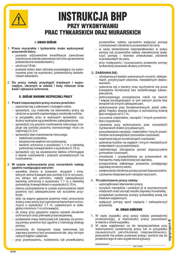 IAF04 INSTRUKCJA BHP PRZY WYKONYWANIU PRAC MURARSKICH ORAZ TYNKARSKICH, HN - PŁYTA ELASTYCZNA 0,4MM; (245X350MM)