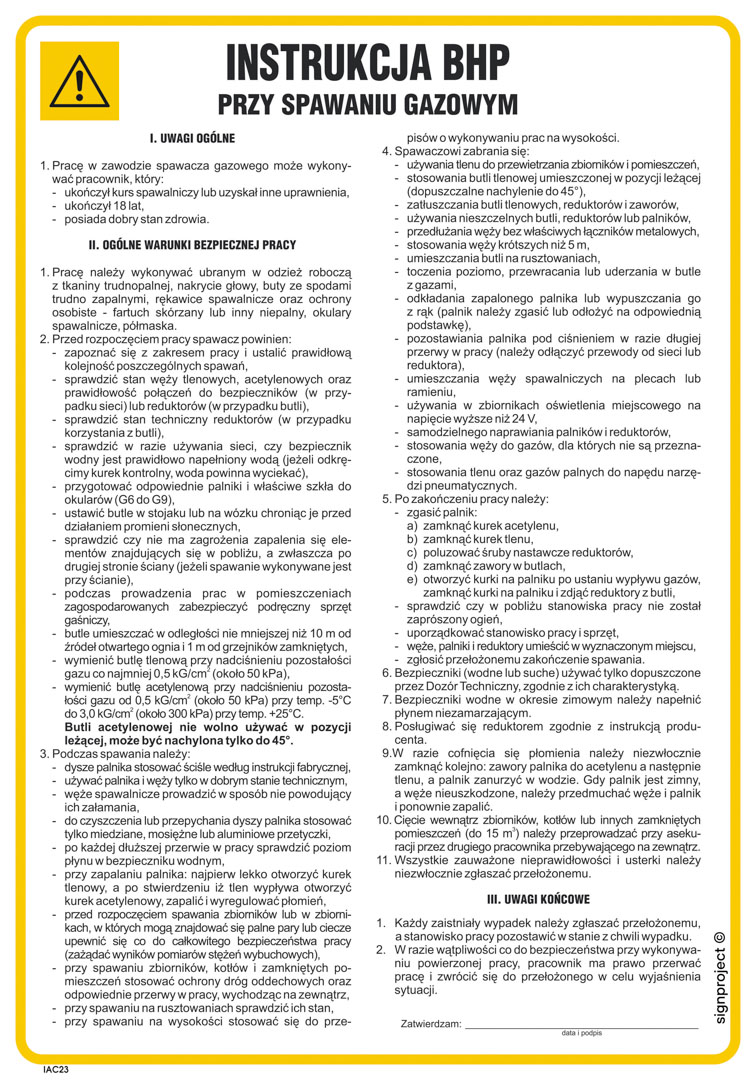 IAC23 INSTRUKCJA BHP PRZY SPAWANIU GAZOWYM, FN - FOLIA SAMOPRZYLEPNA; (245X350MM)