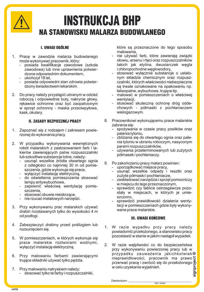 IAF05 INSTRUKCJA BHP NA STANOWISKU MALARZA BUDOWLANEGO, HN - PŁYTA ELASTYCZNA 0,4MM; (245X350MM)
