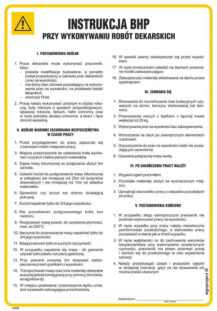 IAF06 INSTRUKCJA BHP PRZY WYKONYWANIU ROBÓT DEKARSKICH, FN - FOLIA SAMOPRZYLEPNA; (245X350MM)