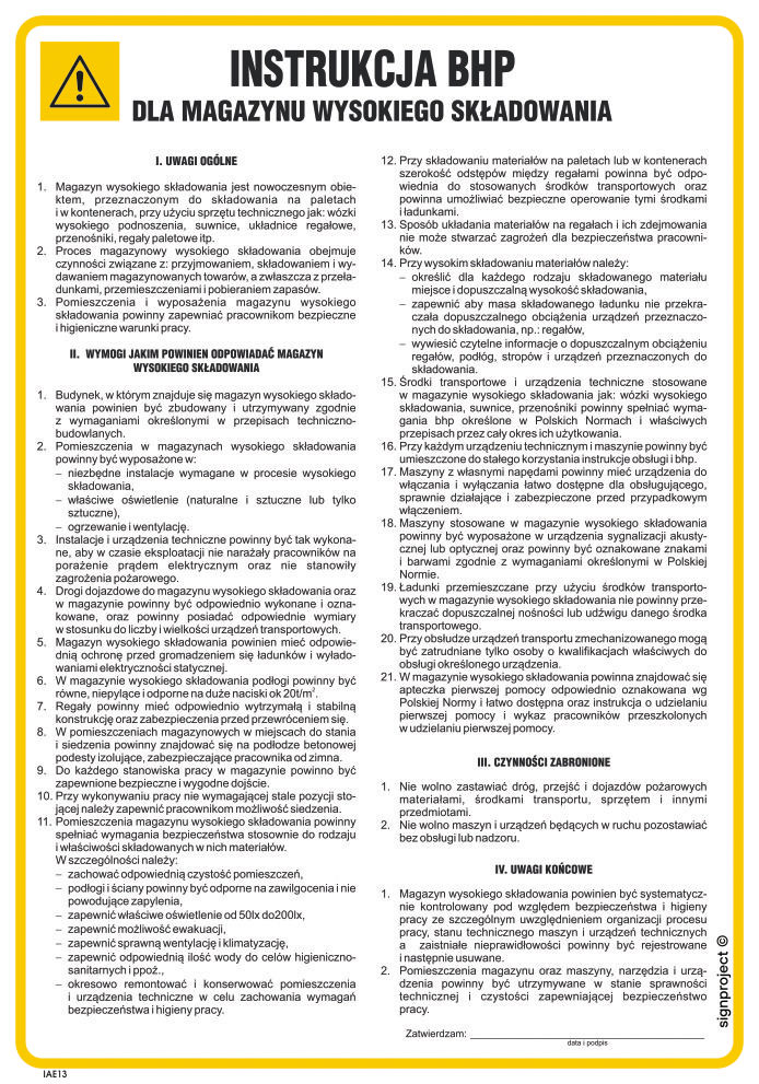 IAE13 INSTRUKCJA BHP DLA MAGAZYNU WYSOKIEGO SKŁADOWANIA, PN - PŁYTA PCV 1MM; (245X350MM)