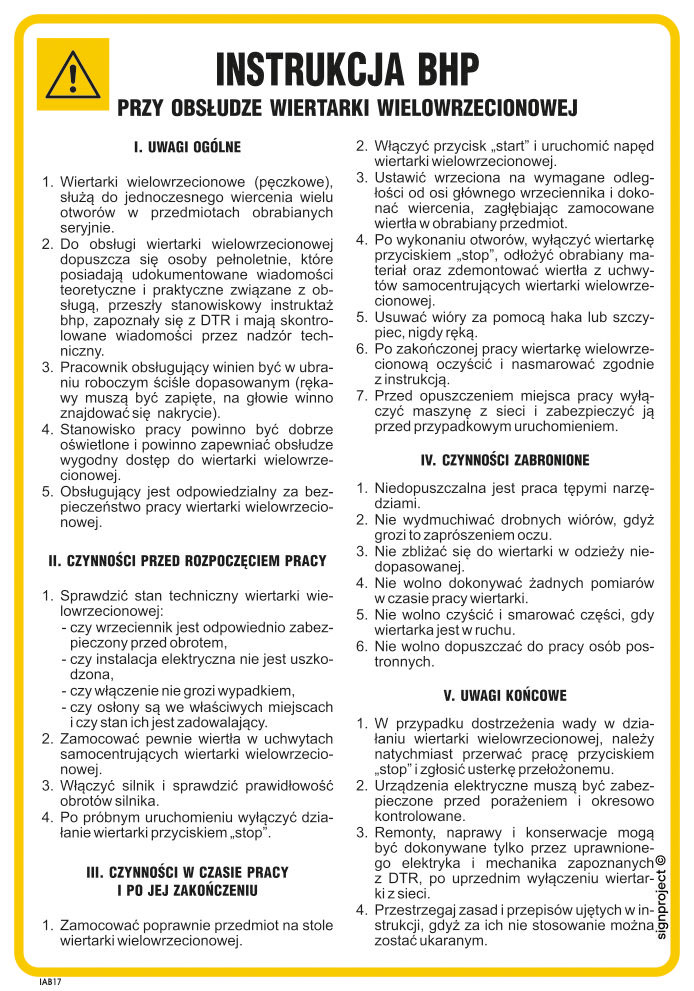 IAB17 INSTRUKCJA BHP PRZY OBSŁUDZE WIERTARKI WIELOWRZECIONOWEJ, PN - PŁYTA PCV 1MM; (245X350MM)