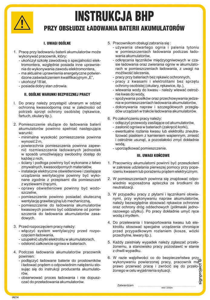 IAE14 INSTRUKCJA BHP PRZY OBSŁUDZE ŁADOWANIA BATERII AKUMULATORÓW, FN - FOLIA SAMOPRZYLEPNA; (245X350MM)