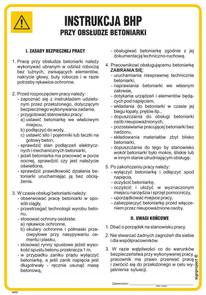 IAF07 INSTRUKCJA BHP PRZY OBSŁUDZE BETONIARKI, PN - PŁYTA PCV 1MM; (245X350MM)