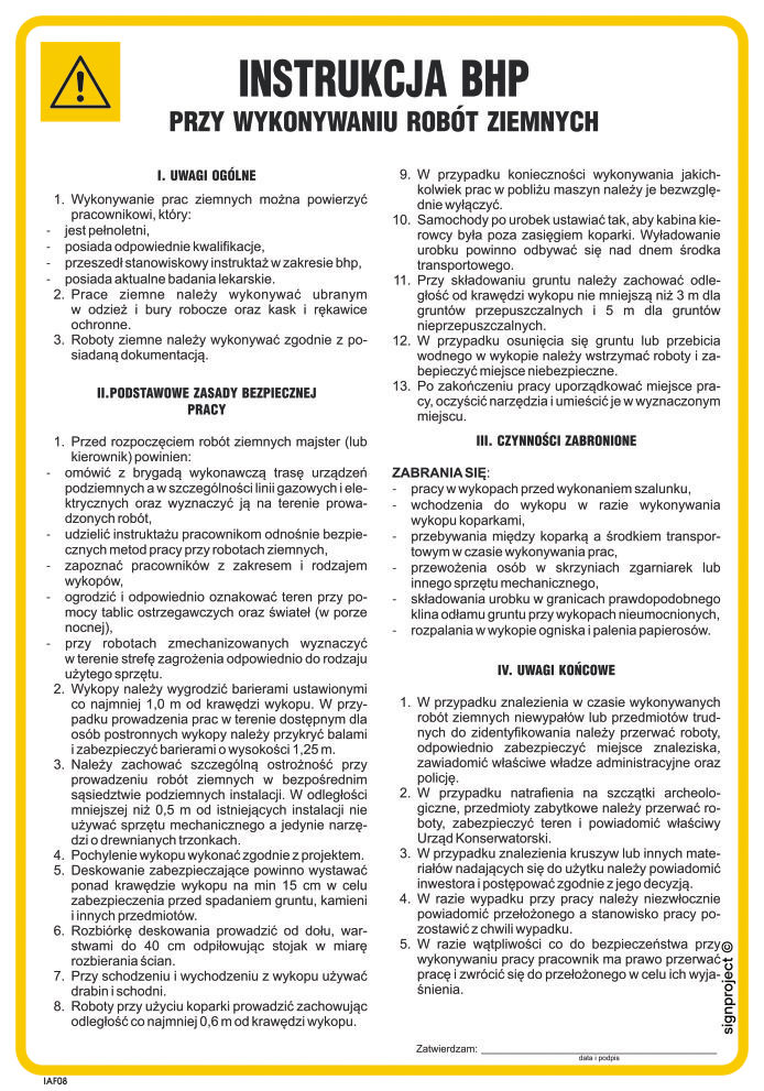 IAF08 INSTRUKCJA BHP PRZY WYKONYWANIU ROBÓT ZIEMNYCH, FN - FOLIA SAMOPRZYLEPNA; (245X350MM)