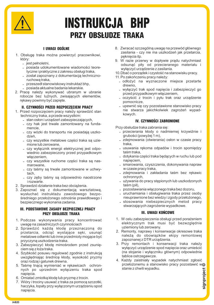 IAB18 INSTRUKCJA BHP PRZY OBSŁUDZE TRAKA, HN - PŁYTA ELASTYCZNA 0,4MM; (245X350MM)