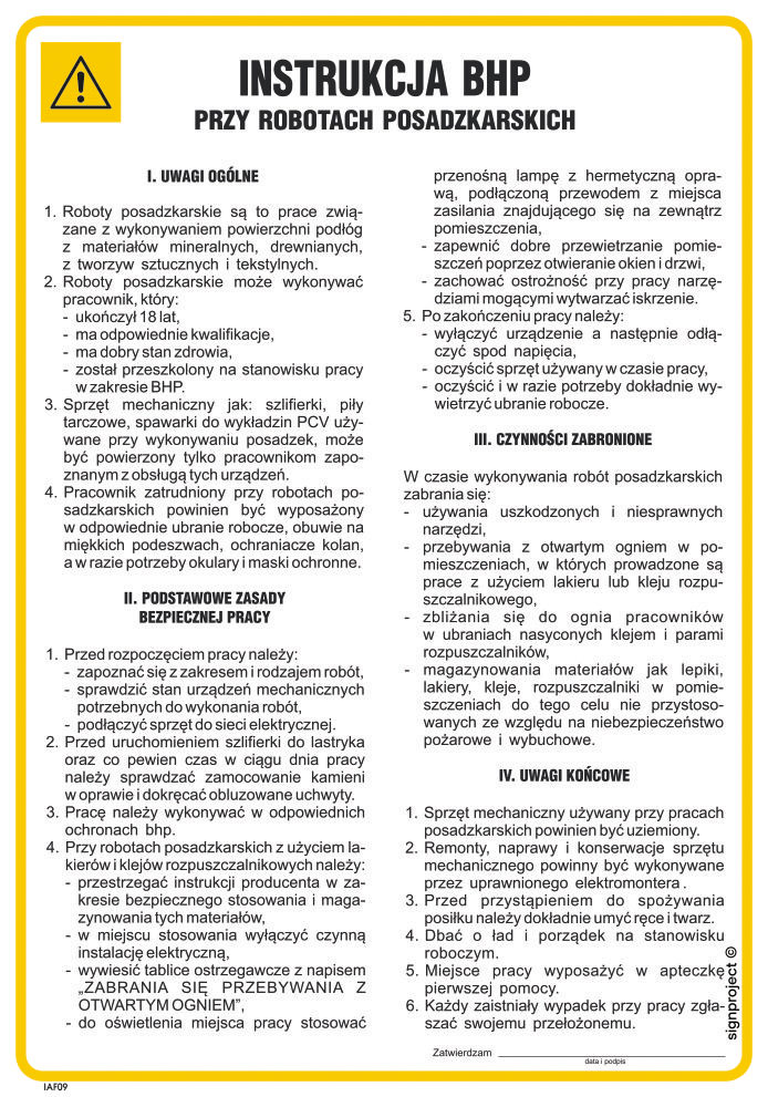 IAF09 INSTRUKCJA BHP PRZY ROBOTACH POSADZKARSKICH, PN - PŁYTA PCV 1MM; (245X350MM)