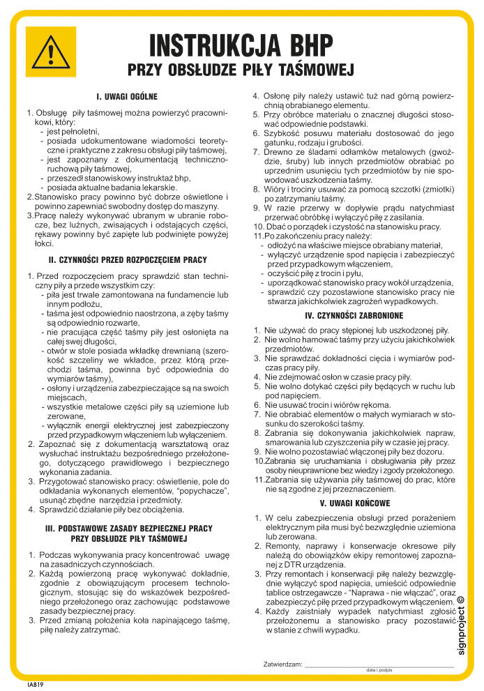 IAB19 INSTRUKCJA BHP PRZY OBSŁUDZE PIŁY TAŚMOWEJ, HN - PŁYTA ELASTYCZNA 0,4MM; (245X350MM)