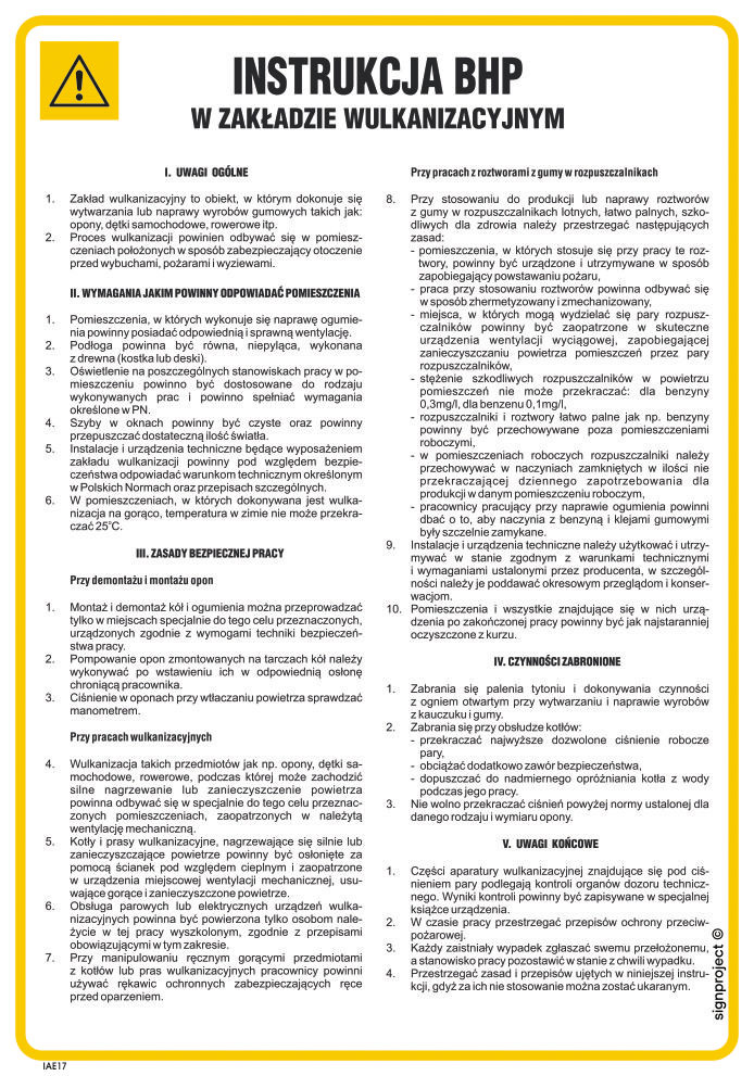 IAE17 INSTRUKCJA BHP W ZAKŁADZIE WULKANIZACYJNYM, FN - FOLIA SAMOPRZYLEPNA; (245X350MM)