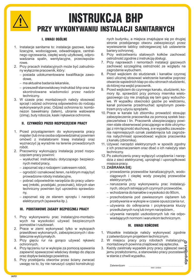 IAF11 INSTRUKCJA BHP PRZY WYKONYWANIU INSTALACJI SANITARNYCH, PN - PŁYTA PCV 1MM; (245X350MM)