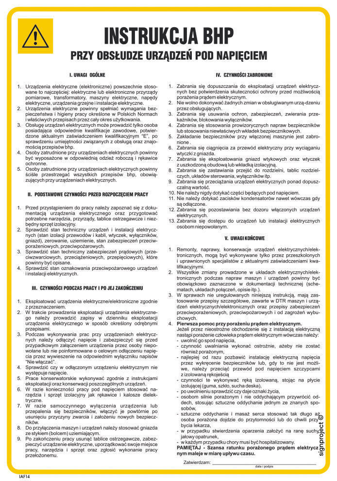 IAF14 INSTRUKCJA BHP PRZY OBSŁUDZE URZĄDZEŃ POD NAPIĘCIEM, FN - FOLIA SAMOPRZYLEPNA; (245X350MM)
