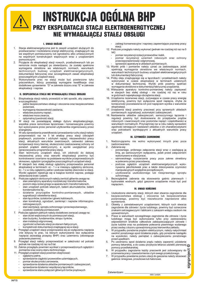 IAF15 INSTRUKCJA OGÓLNA BHP PRZY EKSPLOATACJI STACJI ENERGETYCZNEJ, HN - PŁYTA ELASTYCZNA 0,4MM; (245X350MM)