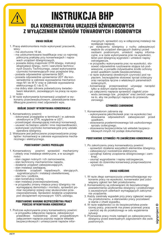 IAE19 INSTRUKCJA BHP DLA KONSERWATORA URZĄDZEŃ DŹWIGNICOWYCH Z WYŁĄCZENIEM DŹWIGÓW TOWAROWYCH I OSOBOWYCH, HN - PŁYTA ELASTYCZNA 0,4MM; (245X350MM)