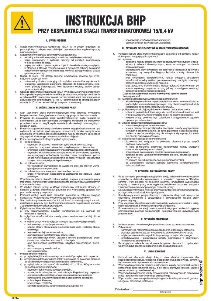 IAF16 INSTRUKCJA OGÓLNA BHP STACJI TRANSFORMATOROWEJ 15/0, FN - FOLIA SAMOPRZYLEPNA; (245X350MM)