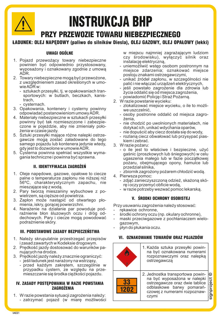 IAE21 INSTRUKCJA BEZPIECZEŃSTWA PRZY PRZEWOZIE TOWARU NIEBEZPIECZNEGO (ŁADUNEK - PALIWO DO SILNIKÓW DIESLA, HN - PŁYTA ELASTYCZNA 0,4MM; (245X350MM)