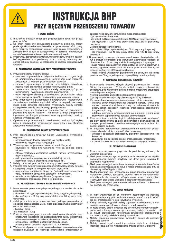 IAE22 INSTRUKCJA BHP PRZY RĘCZNYM PRZENOSZENIU TOWARÓW, HN - PŁYTA ELASTYCZNA 0,4MM; (245X350MM)