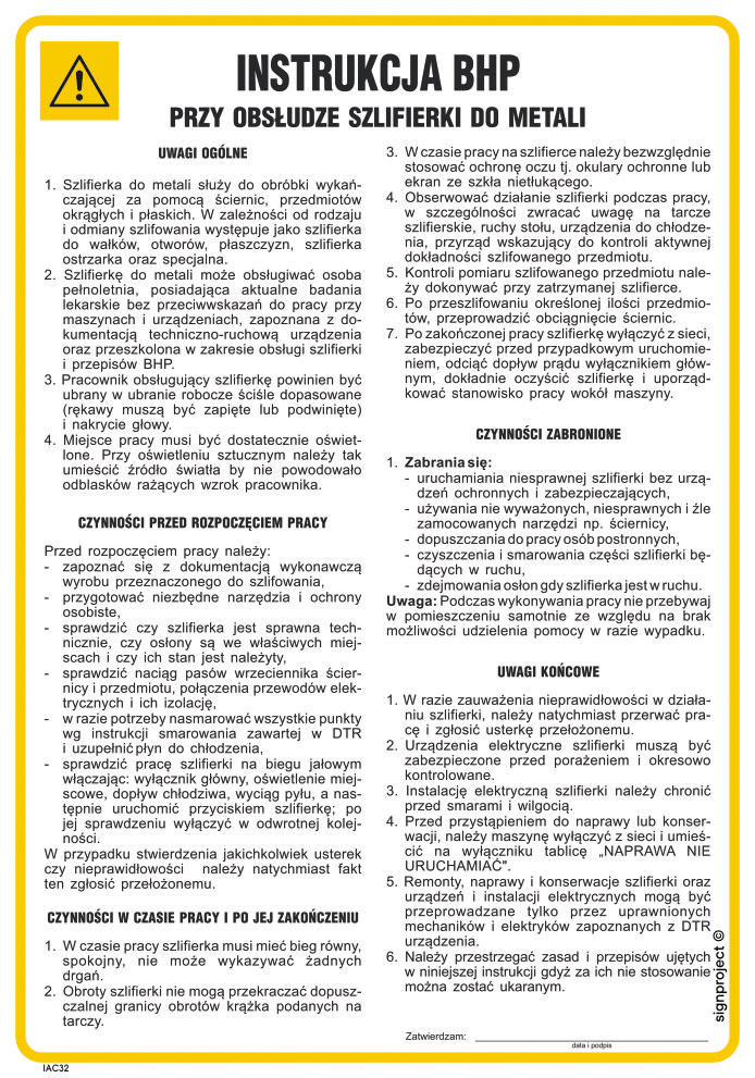 IAC32 INSTRUKCJA BHP PRZY OBSŁUDZE SZLIFIERKI DO METALI, FN - FOLIA SAMOPRZYLEPNA; (245X350MM)
