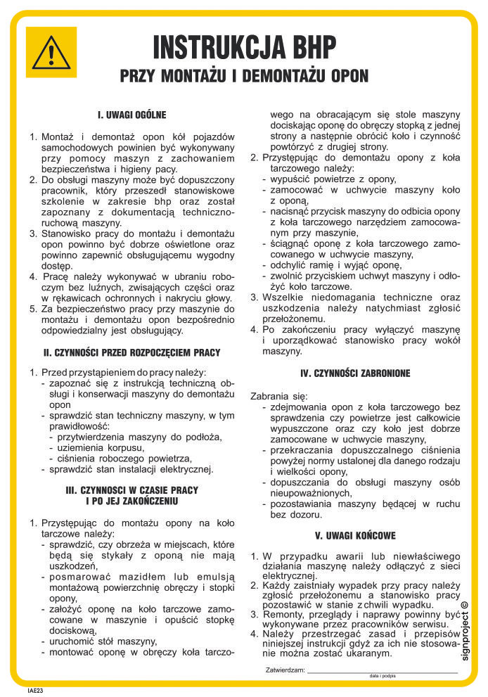 IAE23 INSTRUKCJA BHP PRZY MONTAŻU I DEMONTAŻU OPON, FN - FOLIA SAMOPRZYLEPNA; (245X350MM)