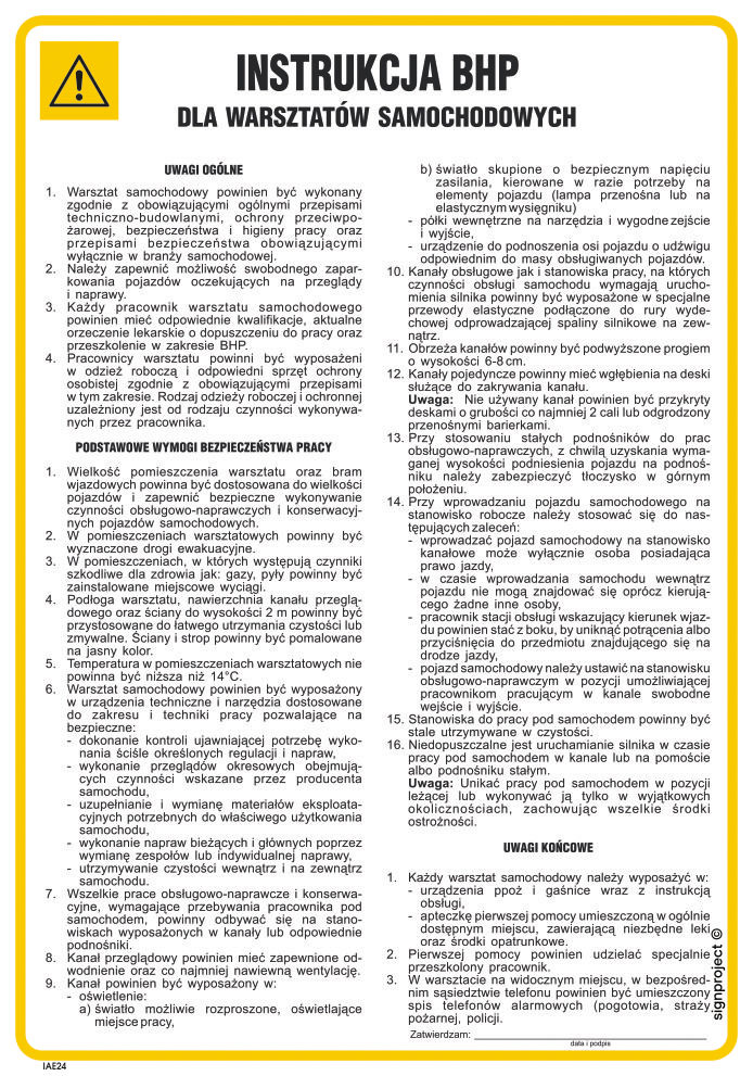 IAE24 INSTRUKCJA BHP DLA WARSZTATÓW SAMOCHODOWYCH, PN - PŁYTA PCV 1MM; (245X350MM)