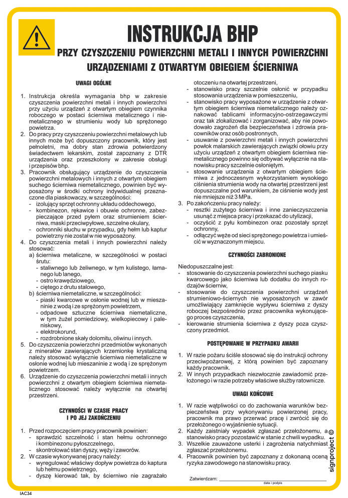 IAC34 INSTRUKCJA BHP PRZY CZYSZCZENIU POWIERZCHNI METALI I INNYCH POWIERZCHNI URZĄDZENIAMI Z OTWARTYM OBIE, FN - FOLIA SAMOPRZYLEPNA; (245X350MM)