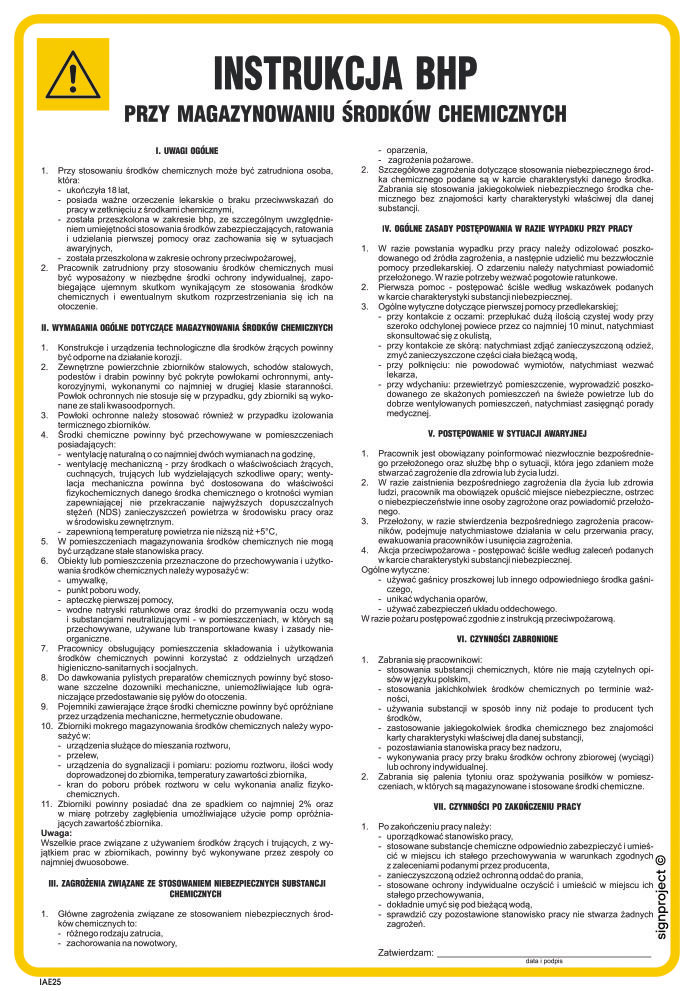 IAE25 INSTRUKCJA BHP PRZY MAGAZYNOWANIU ŚRODKÓW CHEMICZNYCH, PN - PŁYTA PCV 1MM; (245X350MM)