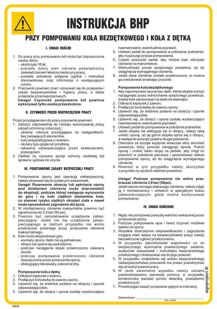 IAE26 INSTRUKCJA BHP PRZY POMPOWANIU KOŁA BEZDĘTKOWEGO I KOŁA Z DĘTKĄ, FN - FOLIA SAMOPRZYLEPNA; (245X350MM)