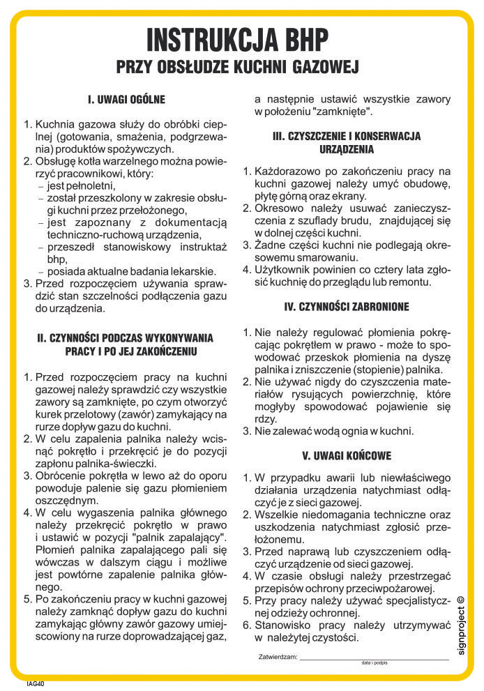 IAG40 INSTRUKCJA BHP PRZY OBSŁUDZE KUCHNI GAZOWEJ, PN - PŁYTA PCV 1MM; (245X350MM)